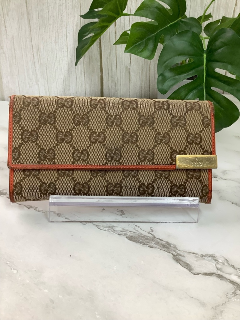 GUC Gucci Brown GG Canvas Wallet with Orange Trim and Gold Plaque